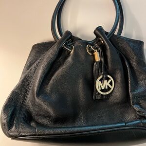 Michael Kors Medium Black Pebble Leather Ring Tote Cinch Purse Shoulder Bag